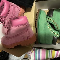 Timberlands Green Pairs And Pink Pairs Size 10c USED IN VERY GOOD CONDITION $45 Each, Both For $80. (Nike’s Boots Black Size 10.5 And Size 8c 👇🏽👇🏽