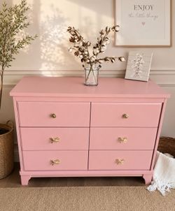 Raspberry Rose Pink Vintage-Style BOHO Dresser with Gold Bow Hardware Nursery