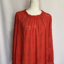 Artelier NWT Coral Pink Eyelet Peasant Blouse sz M