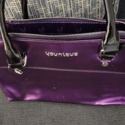 Younlque Purple Leather Metallic Tote Bag Purse  Black Patent Leather Handles Brand New Never Used 