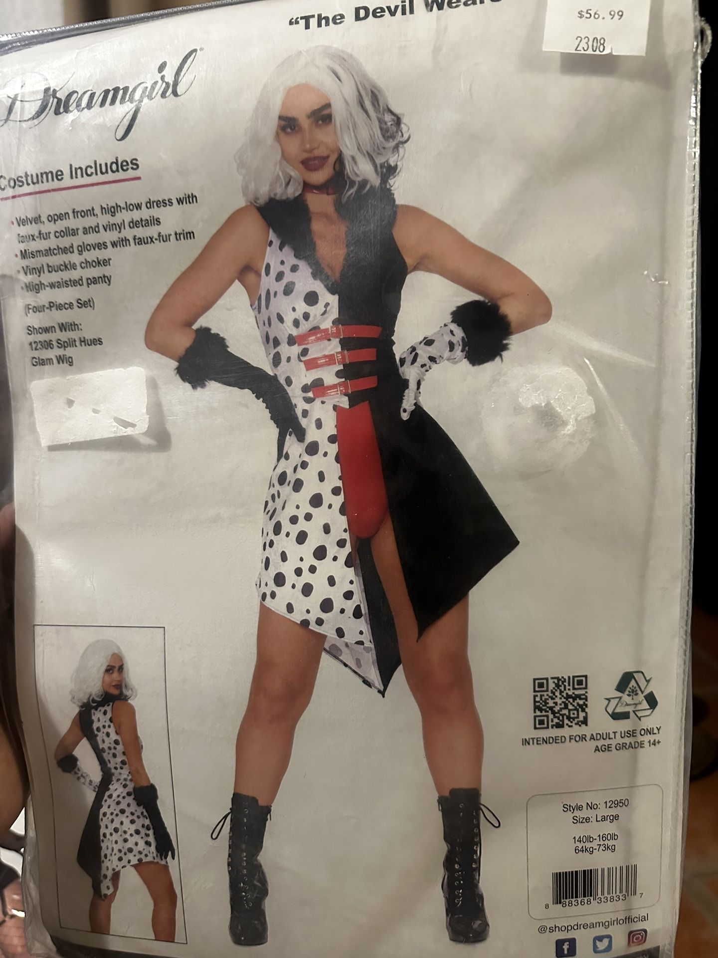 Sexy Cruella Deville Halloween Costume Size Large
