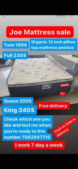 Huge sale for Mattress And Box Twin size #mattress and box 150.$ full 190$ Queen 200$ king 290$. free delivery free set up 708….289…7715… cash or Zell