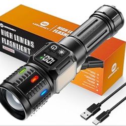 Rechargeable Flashlights High Lumens 100,000, Super Bright LED Flash Light Long Lasting USB C LCD Display, Dual Light Source & Buttons with Red Light,