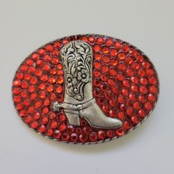 Vintage Cowgirl Belt Buckle Western Rodeo Boot Red Rhinestone Pewter 