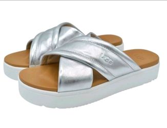 UGG Women Size 9.5 Zayne Crossband Slip On Silver Metallic Platform Sandals