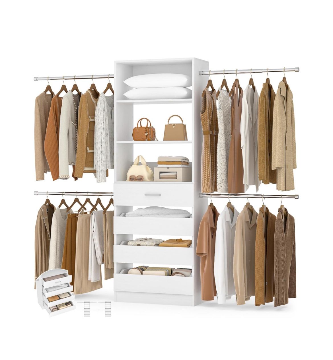 Closet System, 8FT Closet Organizer with 4 Wooden Drawers, Wood Closet Organizer System with Tower, Walk-in Closet Organizer Wardrobe Clothes Rack