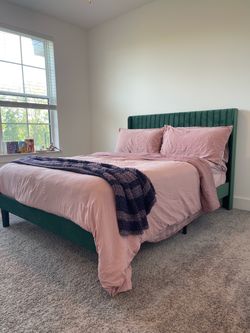 Green Velvet Queen Bed Frame with Channel Tufted Headboard
