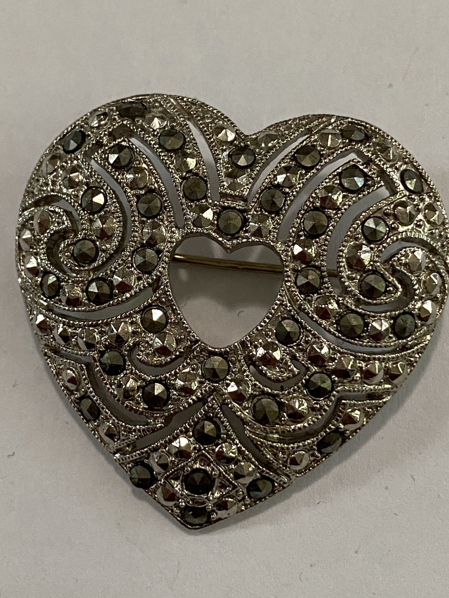 Sterling Silver Marcasite Heart Pin Brooch 2”