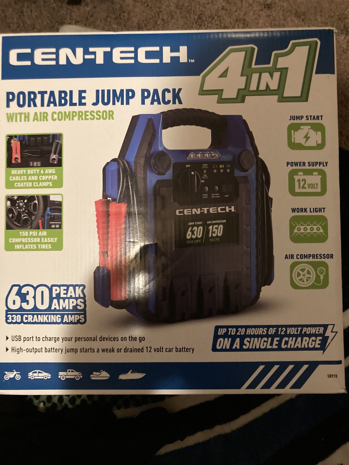 CEN-TECH 630 Peak Amp Portable Jump Starter and Power Pack with 250 PSI Air  Compressor for Sale in Tacoma, WA - OfferUp