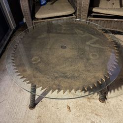 Handcrafted Industrial Saw Blade Coffee Table – Reclaimed Steel & Glass