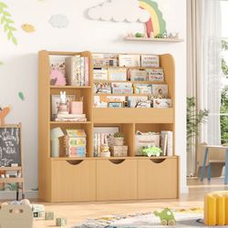 47''W Kid's Bookcase, Bookshelf with 5 Storage Cubbies & 3 Movable Drawers & Toy Display Shelf, Toy Storage Organizer for Bedroom Playroom, Nature