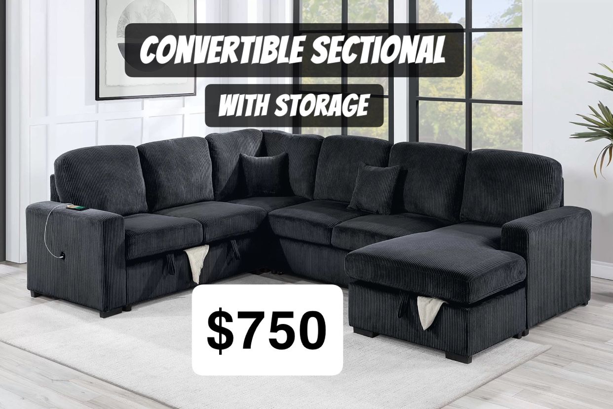 4-Piece Convertible Sectional Sleeper Sofa, Chaise Storage, Sofa Storage & USB Port