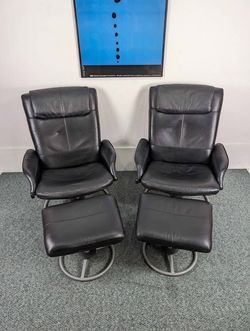 Vintage Pair of Black Leather Malung Lounge Chairs & Ottomans by Ikea
