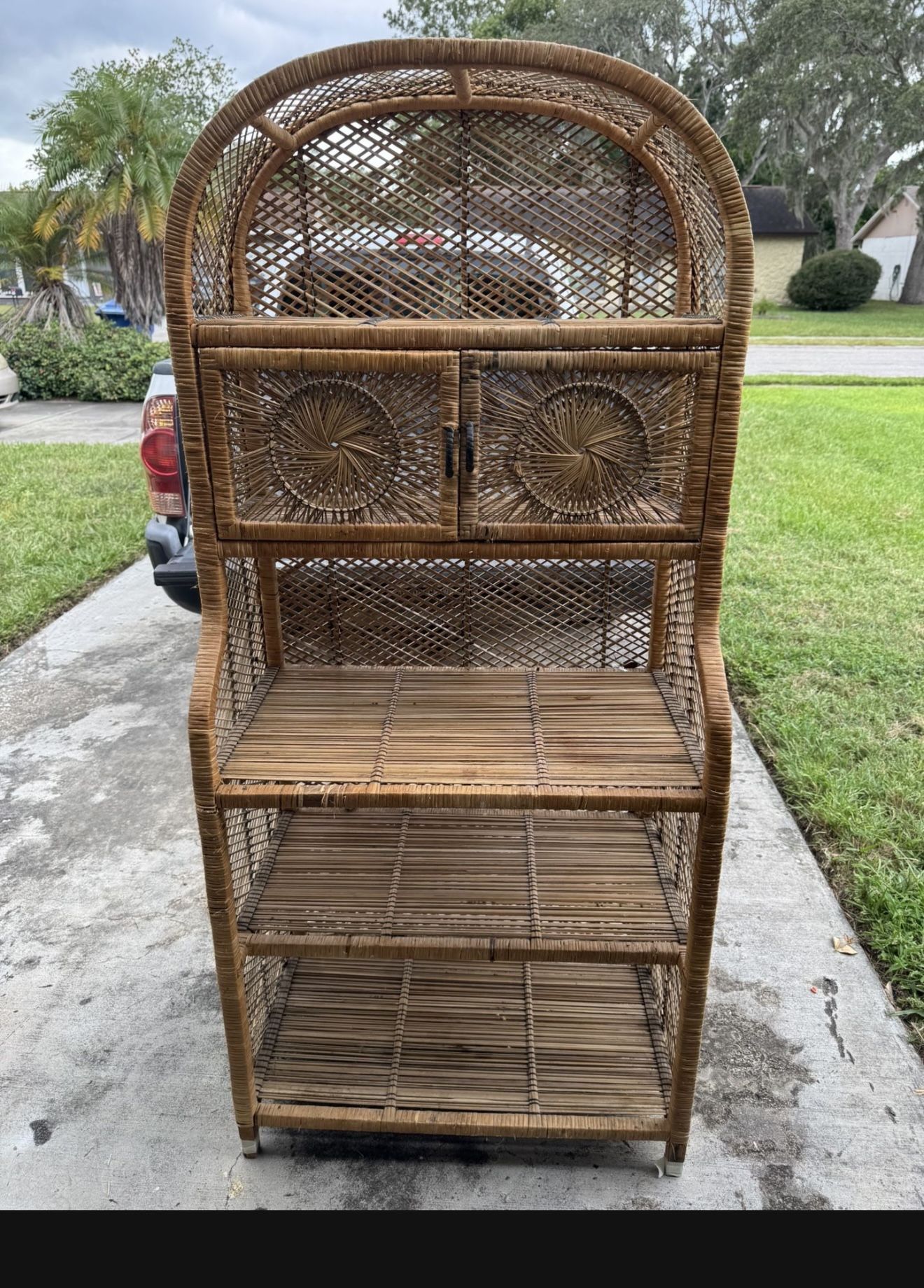 Vintage Mid Century Bohemian Wicker Rattan Sunburst 2 Door Etagere Wall Must Have Truck Will Not Fit In Suv