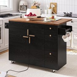 53'' Modern Kitchen Island Cart Drop Leaf Power Outlet 3 Drawers Rolling Storage,Black
