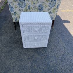 White Wicker 3 Drawer Nightstand 