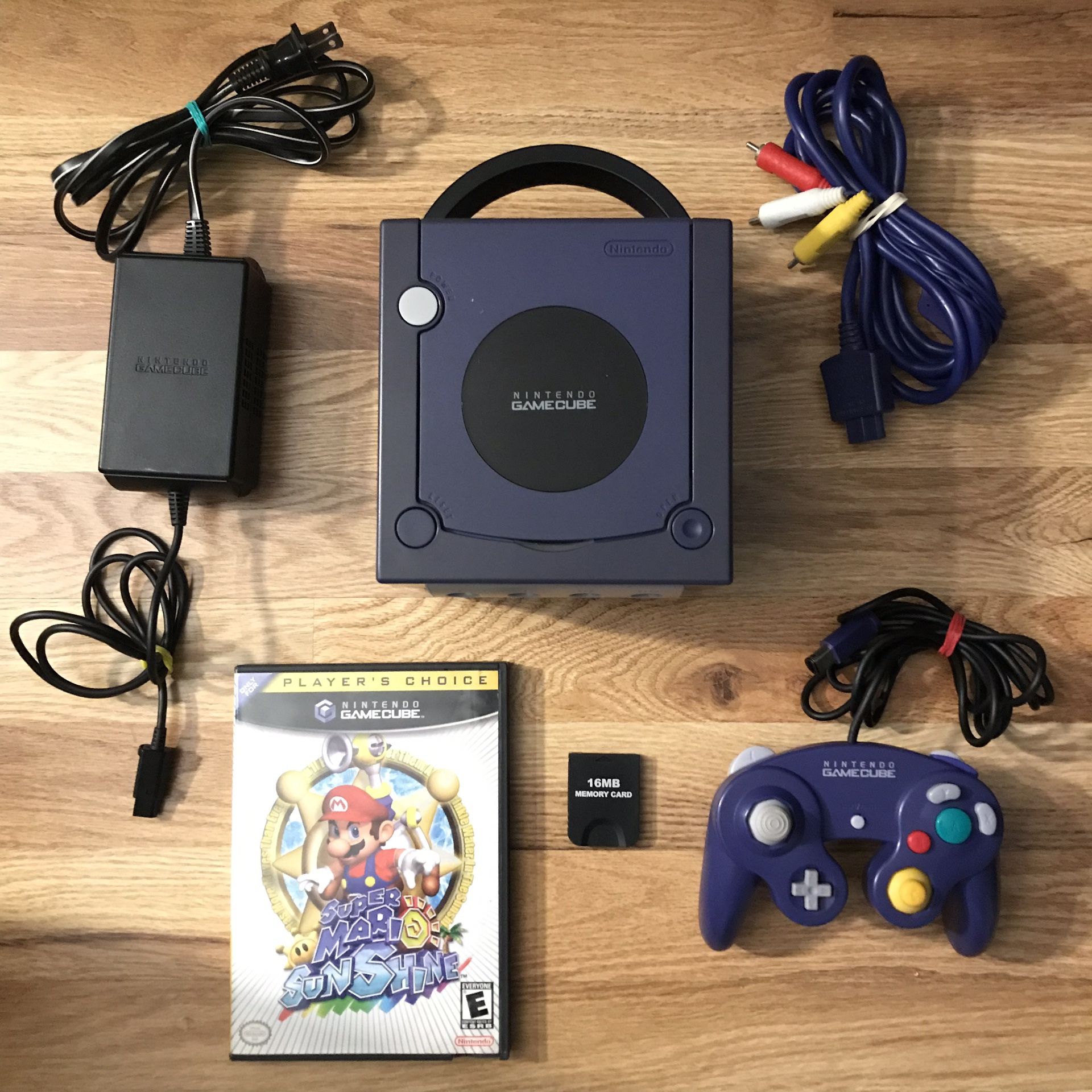 GameCube Indigo System Console Bundle With Cables, Controller, Memory Card & Super Mario Sunshine