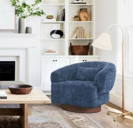 Gek 32 in. Dark Blue Chenille Upholstered Arm Chair 360°Swivel Accent Chair Barrel Chair with Wood Base