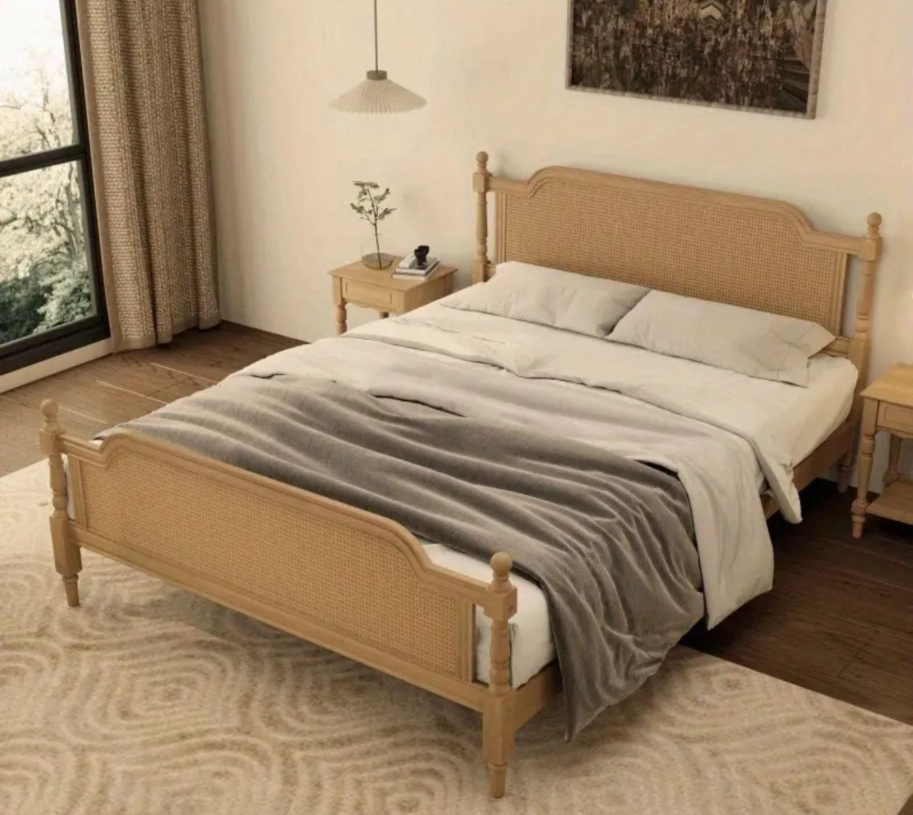 Traditional Style Rattan Queen Size Bed Frame No Box Spring Needed Antique Walnut