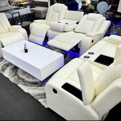 3pcs White Leatherette Reclining Living Room Set W/LED Light