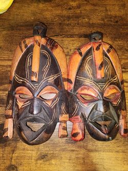 Hand-Carved African Tribal Wooden Masks (2-Piece Set) - Wall Decor