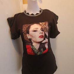Love J Tshirt Women's Size Medium Black Ruffle Sleeve Top W/Women's Picture 