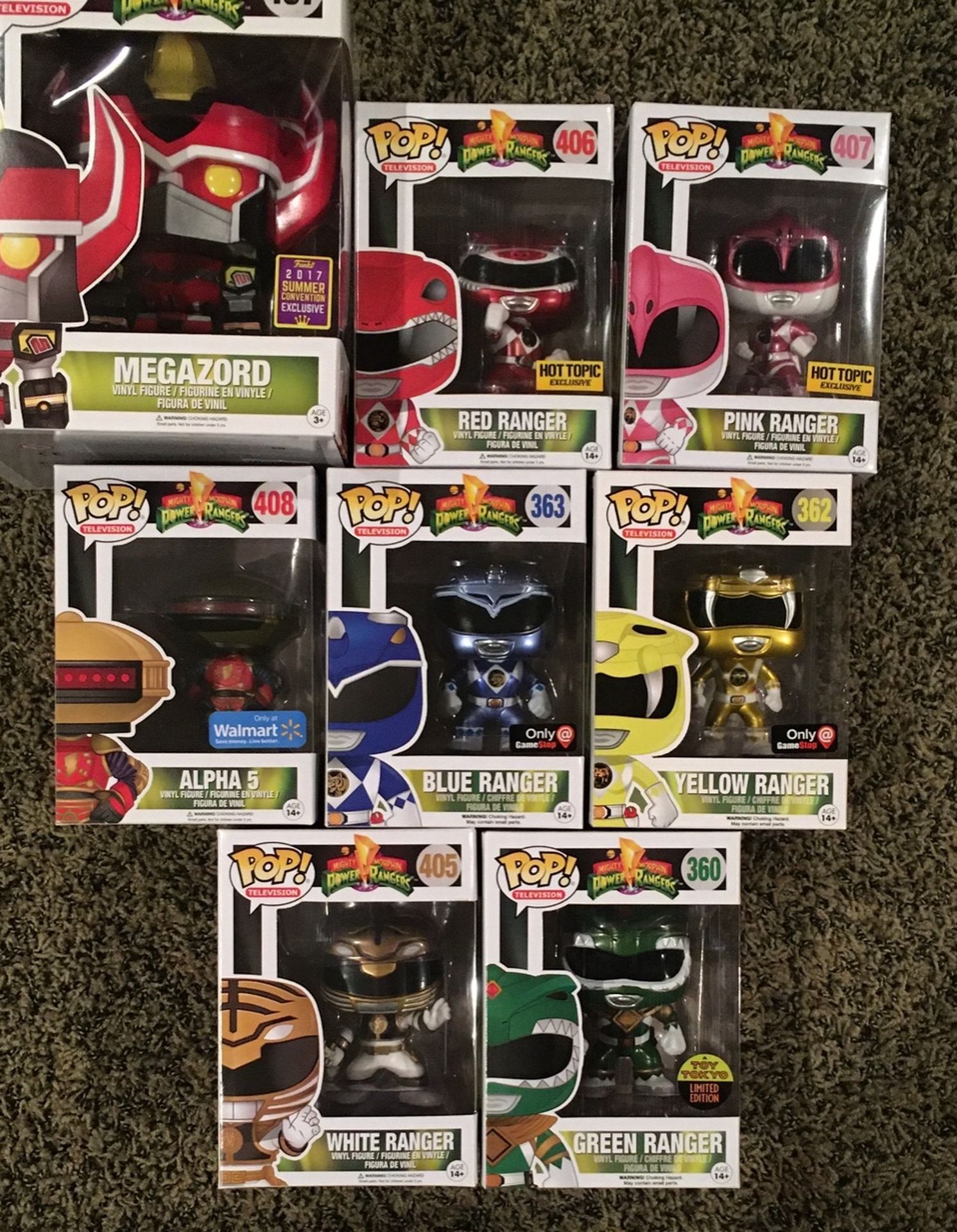 8 Funko Pop! Mighty Morphin Power Rangers MMPR - Green, White, Red, Pink, Yellow, Blue, Alpha 5, Megazord Metallic Exclusives