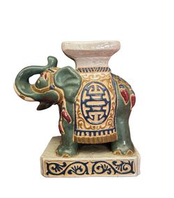 💕  Vintage (NEW) SET of 2  (PAIR) Small Asian Ceramic Glazed Green Blue Red White ELEPHANT Statue, Plant Stand, Bookend 💕  Thumbnail