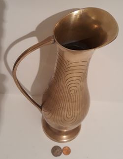 Vintage Brass Metal Vase with Handle, Pitcher, 12" Tall, Very Heavy Duty, Weighs 2 1/2 Pounds, Home Decor, Table Display, Shelf Display