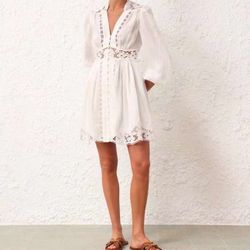 Women's White August Plunge Linen Mini Dress