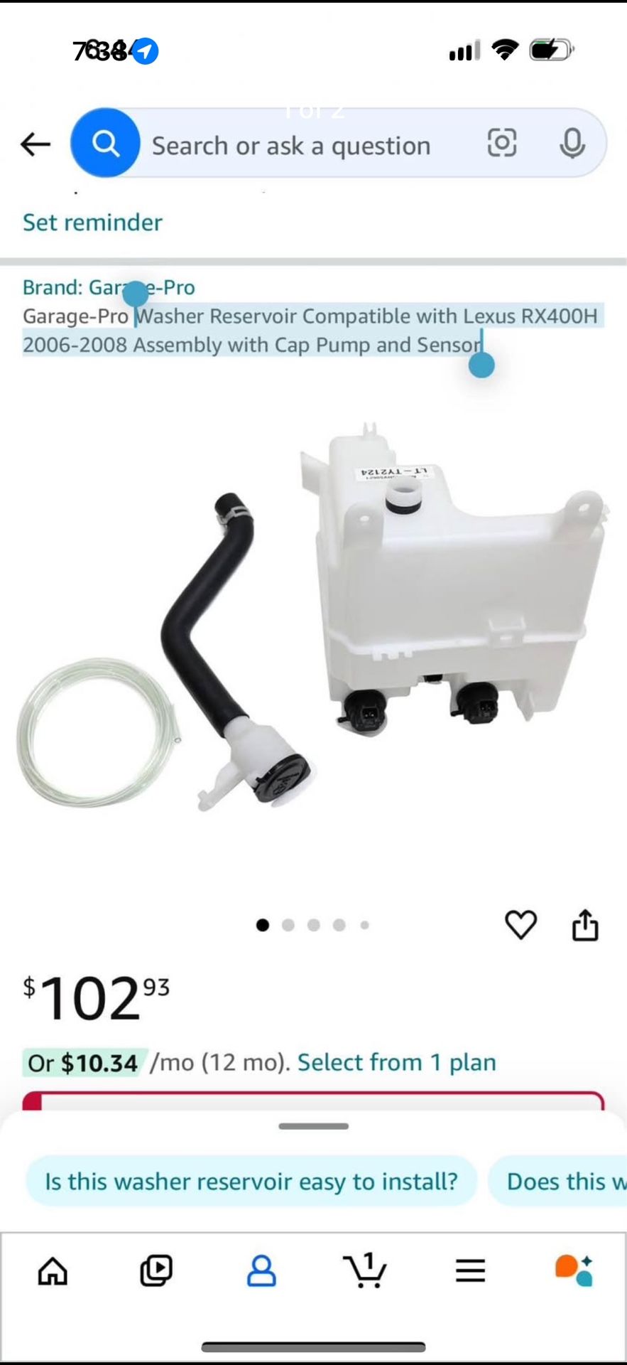 Washer Reservoir Compatible with Lexus RX400H 2006-2008 Assembly with Cap Pump and Sensor