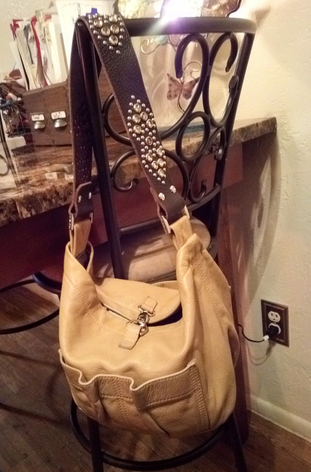 Tylie Malibu tan brown genuine leather with rhinestone embellished strap slouchy utility bag hobo shoulder bag