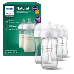 Philips Avent Natural Glass Baby Bottles with Natural Response Nipples (Medium Flow, Flow 3), 8oz, 4-Pack, SCY913/04