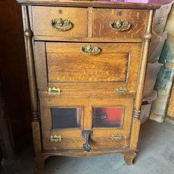 Antique wood glass brass vintage storage cabinet hutch dresser table cabinet end