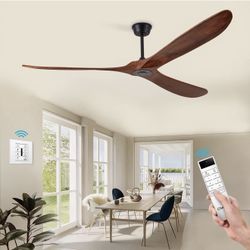 Brand New 60” Walnut Ceiling Fan With 3 Wood Blades, 6 Speeds 