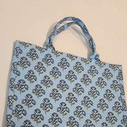 BLOCK PRINT COTTON TOTE- BLUE FLORAL /GREEN STRIPE-BRAND NEW WITH TAGS 
