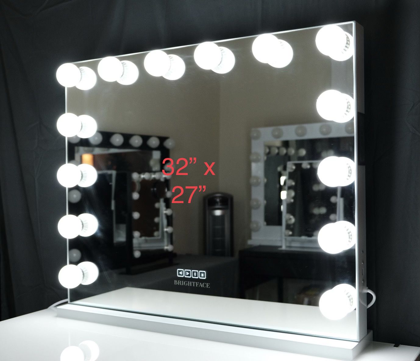Brightface vanity mirror With Bluetooth Speaker,Touchscreen control,USB Port And Replaceable Bulbs,Frameless Color White Size 32” By 27”