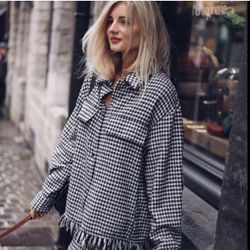 Zara Houndstooth Fringed Women’s Overshirt Jacket Size XS