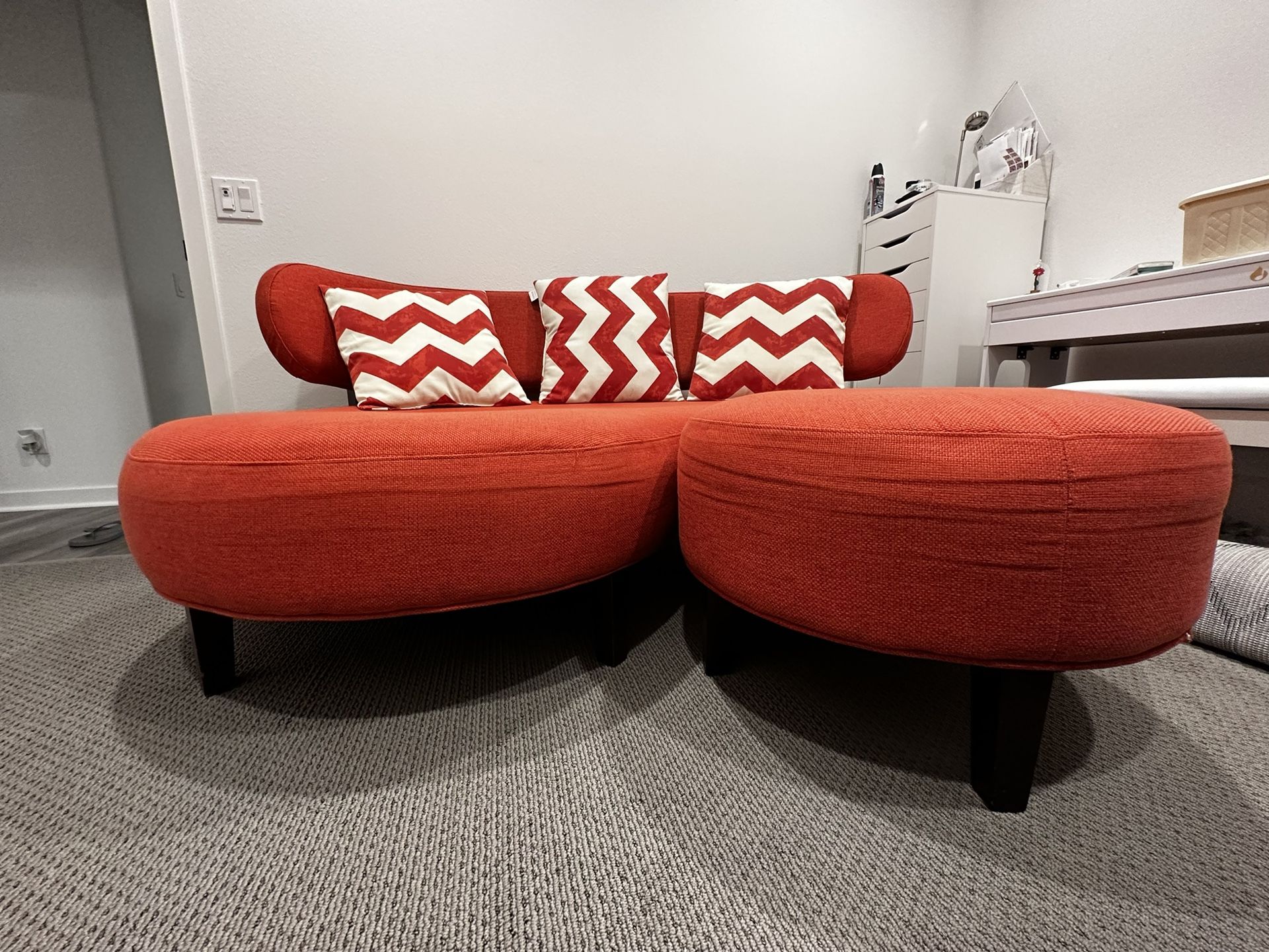 Living Spaces Tear Drop Shaped Sofa with Ottoman