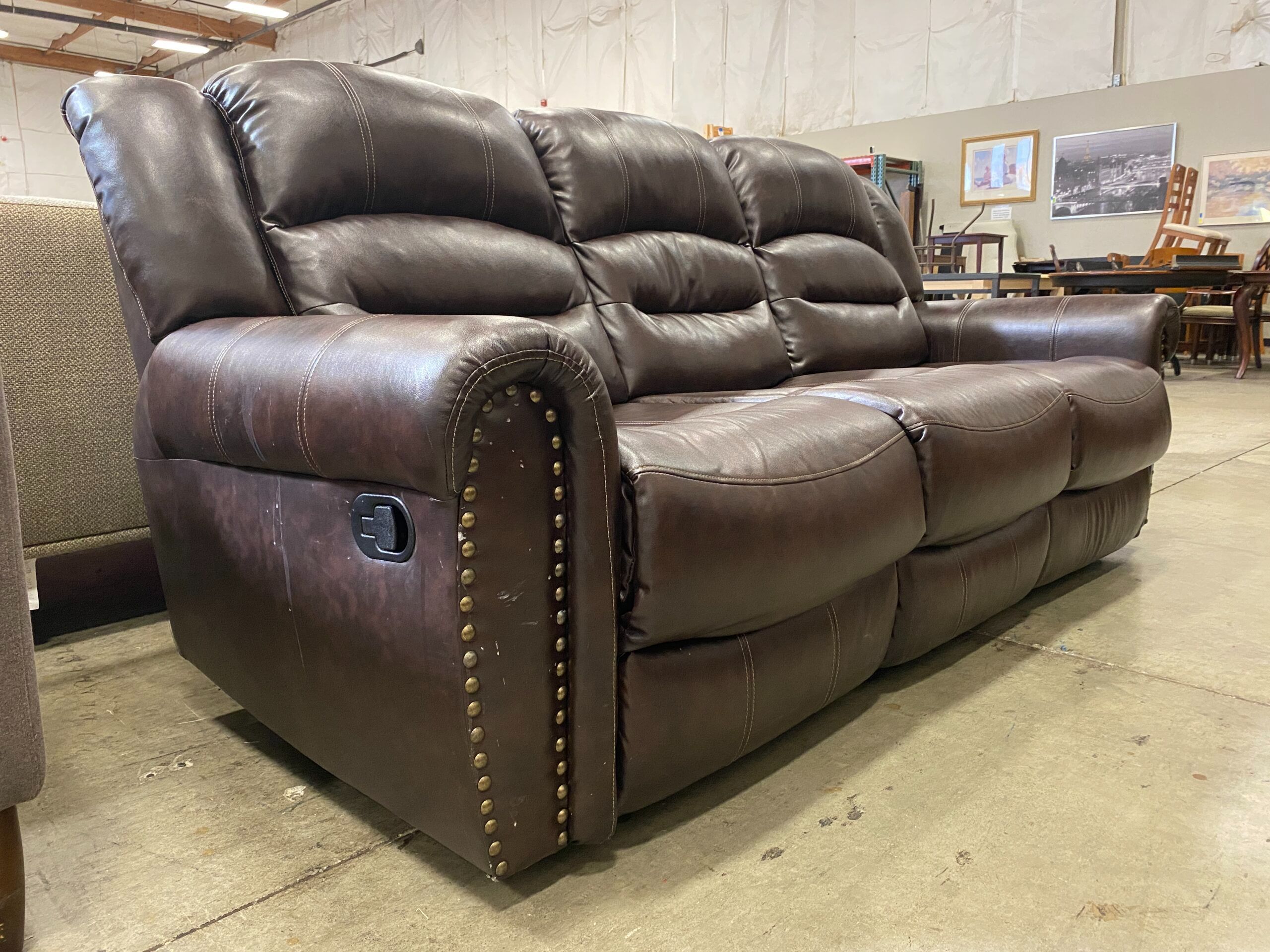 Chocolate Brown Double Recliner Sofa with Nailhead Trim