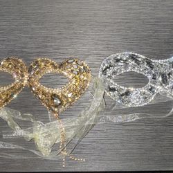 Gold & silver Diamond Masquerade Masks- Handmade Never Worn Absolutely Stunning Quality. Pack Of Two 