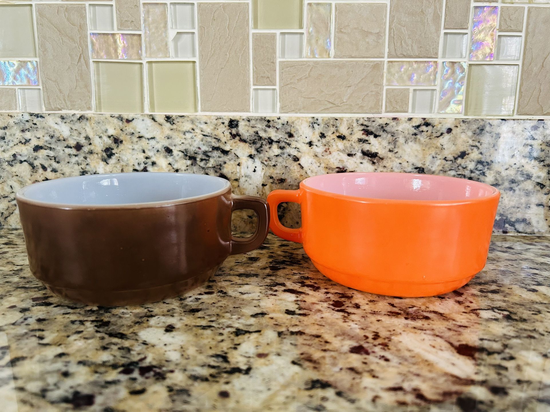 Pair of Vintage Anchor Hocking, Glass, Fire King Handled Soup Mugs