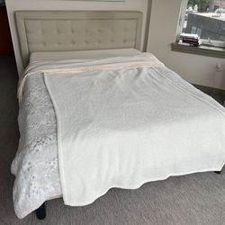 Queen Upholstered Beige Bed Frame And Mattress