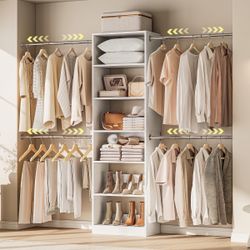 3.5-7.7FT Closet Organizer with 4 Telescopic Rods 6 Adjustable Shelves White