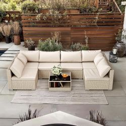 Newly Assembled 7-Piece Wicker Patio Furniture Set, Outdoor Conversation Set Sectional Sofa