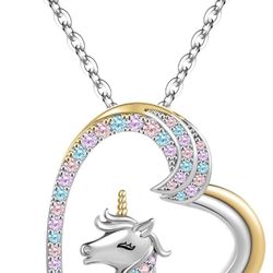 Unicorns Necklace Gifts for Girls, 14k Gold and White Gold Two-Tone Heart Unicorn Necklaces Cute Colorful Cubic Zirconia Unicorns Gifts Necklace for G