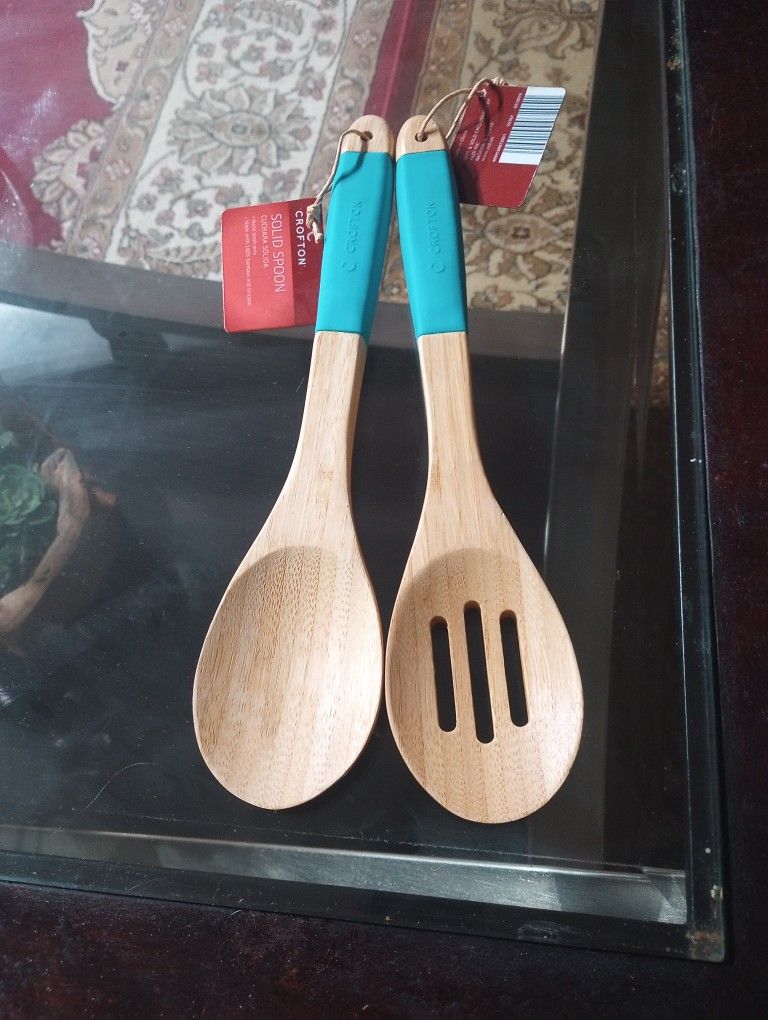 Crofton Slotted Kitchen Bamboo Utensil Set with Teal Handles