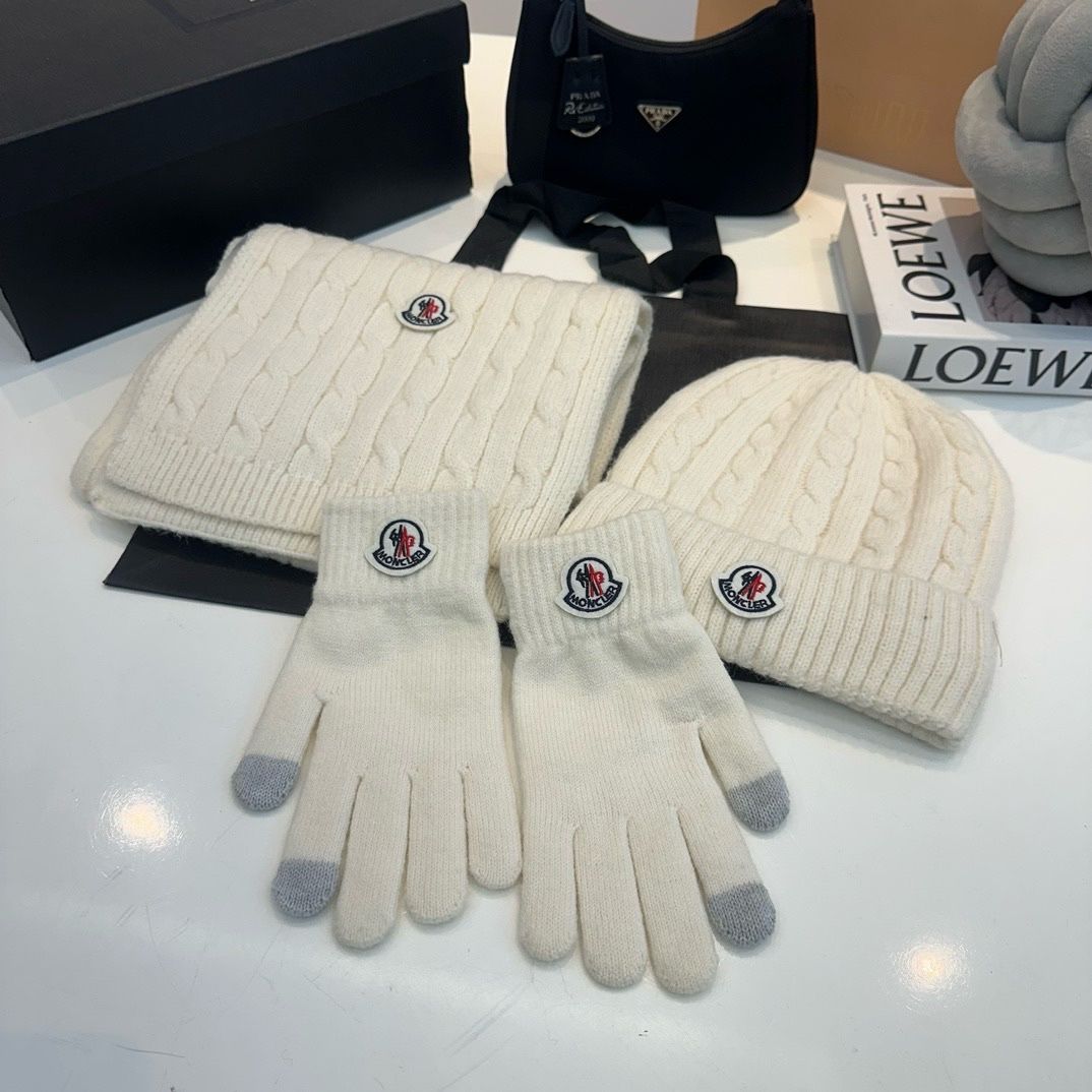 Moncler White Beanie+Scarf+gloves Set