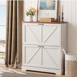 Farmhouse White Shoe Storage Cabinet with 2 Flip Drawers