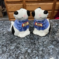 Blue Sky Dogs Wearing Blue Sweaters “Bow Wow” Pair Of Salt And Pepper Shakers.  Brand New 